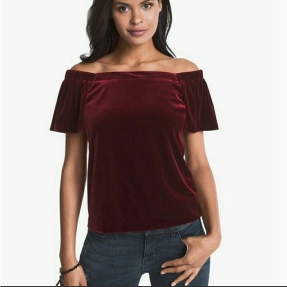 White House Black Market Barcelona Top Off Shoulder Velvet Burgundy Holiday SM - Picture 1 of 9